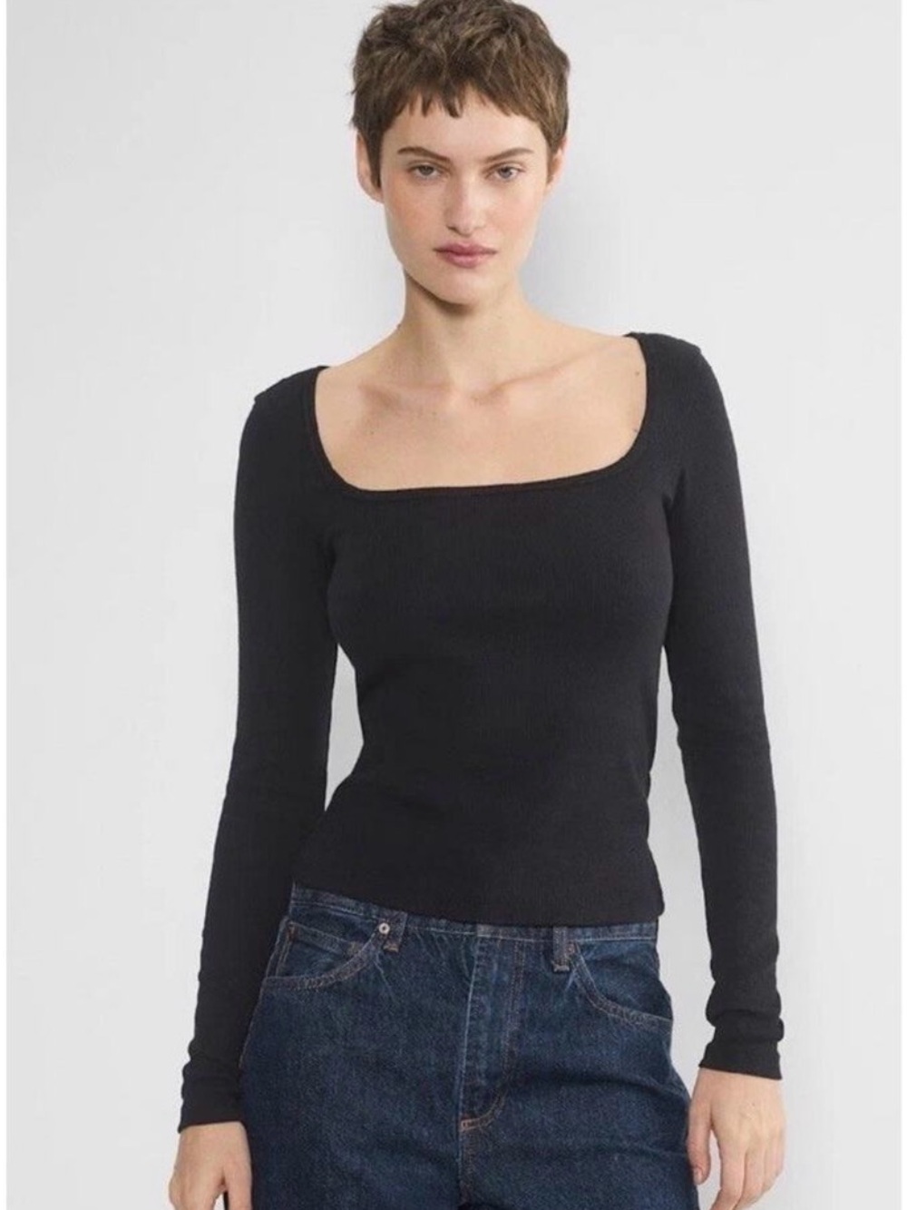 Aritzia TNA Homestretch Shirt Womens Large Black Long Sleeve Square Neck
